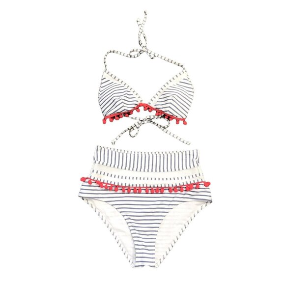 Coco Ship 10 High Waisted String Bikini Swimsuit Gray White Striped Pink Pom Pom - Picture 1 of 15